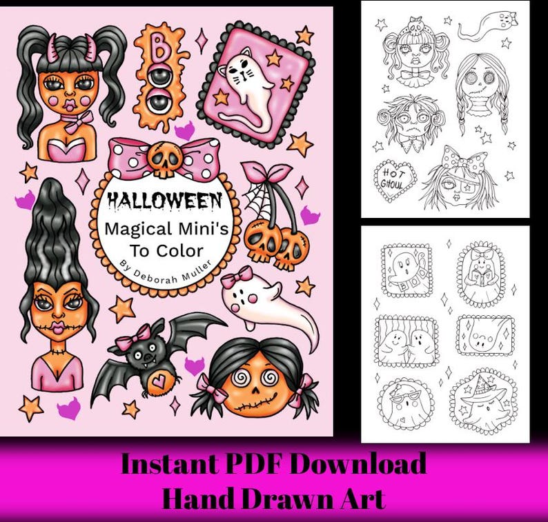 May include: A pink Halloween-themed digital download featuring hand-drawn art. The image includes various spooky illustrations, such as ghosts, dolls, and pumpkins, along with the text "Halloween Magical Mini's To Color". Additional text reads "Instant PDF Download Hand Drawn Art".
