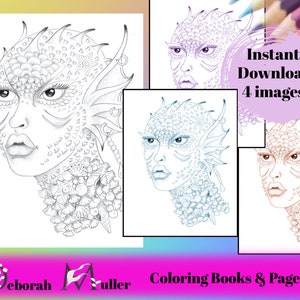 Siren of the deep. Grayscale coloring pages. 4 images, instant download. Digital art, mermaid art. Adult coloring page.