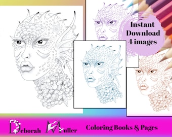 Siren of the deep. Grayscale coloring pages. 4 images, instant download. Digital art, mermaid art. Adult coloring page.