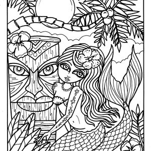May include: A black and white line drawing of a mermaid with long flowing hair, a flower in her hair, and a tiki mask in the background. The mermaid is sitting on a rock with her tail in the water.
