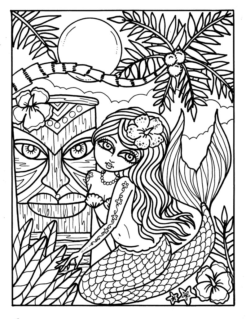 May include: A black and white line drawing of a mermaid with long flowing hair, a flower in her hair, and a tiki mask in the background. The mermaid is sitting on a rock with her tail in the water.