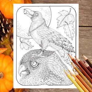 Könnte beinhalten: Eine Schwarzweiß-Zeichnung eines Eulen mit einem Raben, der auf seinem Kopf sitzt. Der Rabe hält eine Beere im Schnabel. Die Zeichnung ist vor dem Hintergrund eines Vollmonds und Blättern.