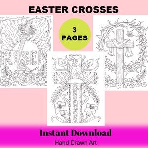 EASTER CROSSES set of 3 digital coloring pages, downloads, digi stamps, color pages, Easter coloring, fun coloring, spring coloring.