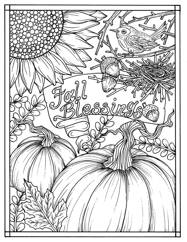 5 Pages Fabulous Fall Digital Downloads to Color Punpkins, crows, sunflowers, gourds, squirrel, thanks, autumn, image 2
