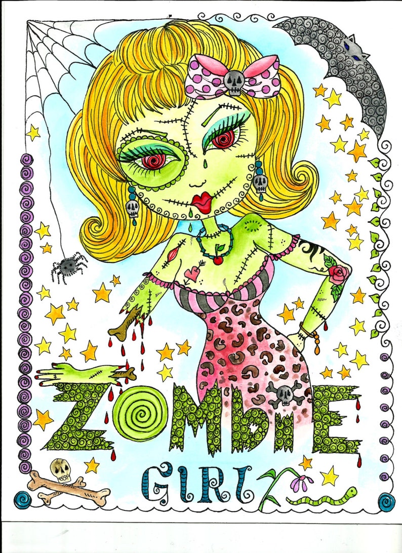 ZomBie GiRLS PDF Adult Coloring Book for you to color and be the Artist. Have some Zombie coloring fun Halloween. image 3