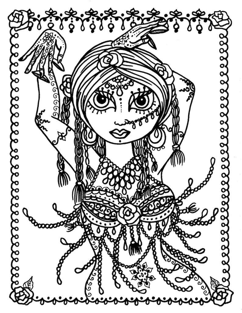 Digital Coloring Book Gypsy Dancer, Belly dancers, Gypsies, hippie, Digi, dance, Adult coloring book, Instant download image 6