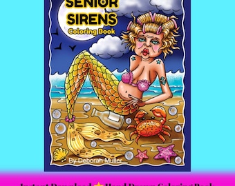 SENIOR SIRENS pdf Coloring Book. Fun and whimsical old lady mermaids. Hand-drawn art.  No AI