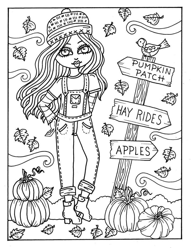 7 PAGES FALL Girls Digital Coloring pages digi, color page, instant download, printable, color book, halloween image 1