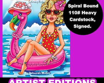 ARTIST EDITION of Beach Bliss 110# Cardstock, Top Spiral Bound, Signed, for pens, paint and pencils. Fun coloring on good paper!