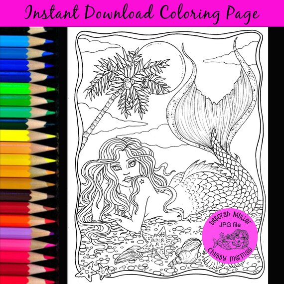 Tropical Mermaid Instant Download Coloring Page For Adult Coloring.