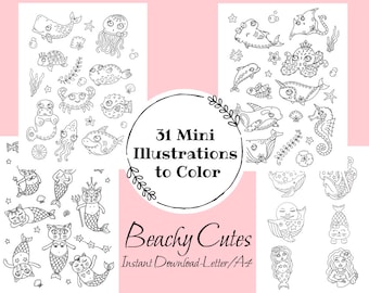 Beachy Summer Mini Illustrations to color. 31 tiny Beachy Cutie images, 4 pages, Coloring Set. Coloring fun for all ages. Instant Download.