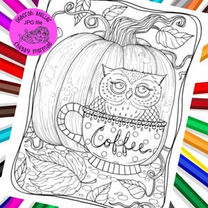 Coffee, owls and pumpkins! Perfect! Digital coloring page. Adult coloring for fall.