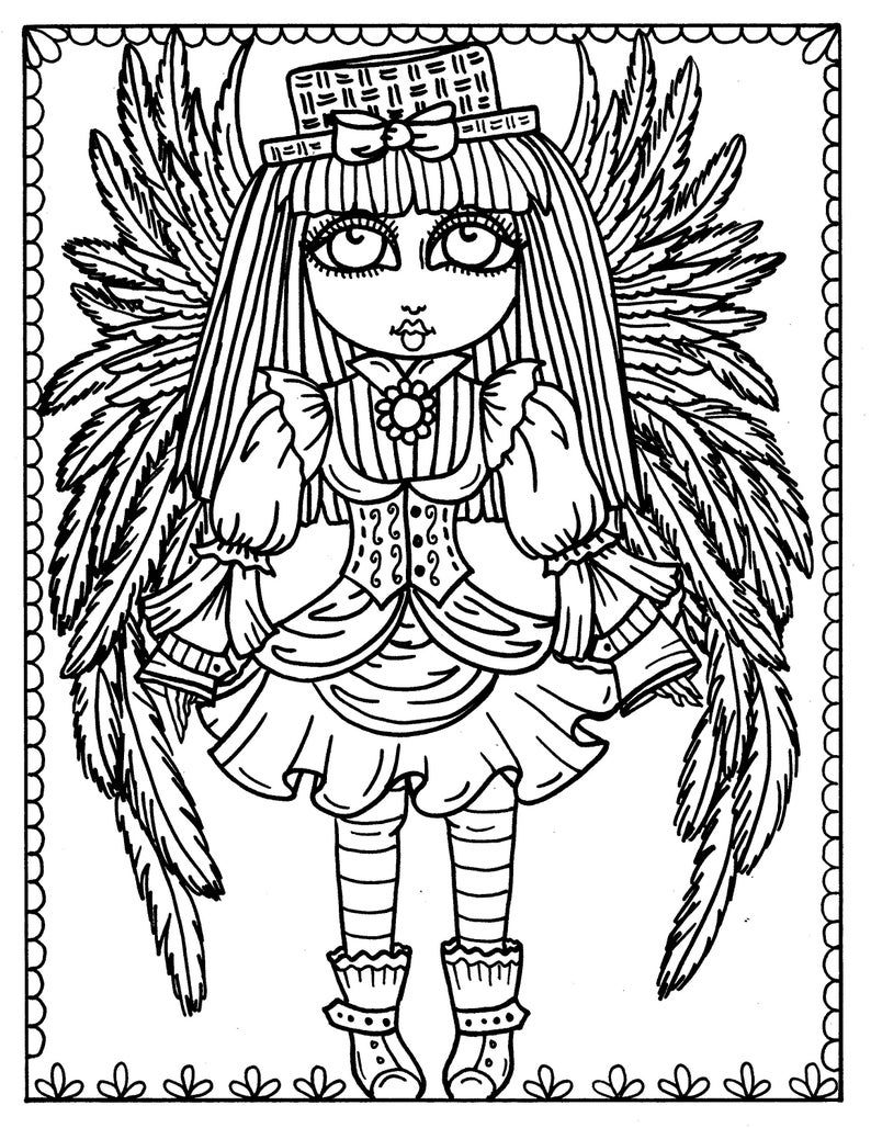 5 Pages Gothic Angels Digital Downloads Coloring Pages, Gothic, Angel, digi stamps, digi stamping, cardmaking, crafting, clip art image 4