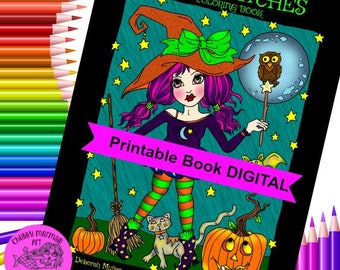 Little Witches Digital Coloring Book. Fun little witches learning to fly, make potions, and be witches! bats, pimpkins, halloween fun.