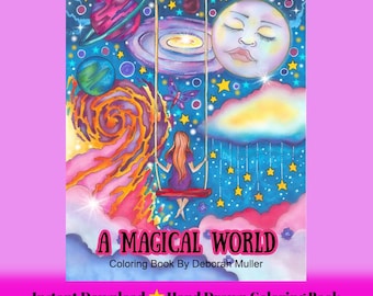 Libro para colorear en PDF de UN MUNDO MÁGICO. Fantasía, magia y fantasía. Arte dibujado a mano. Sin IA.