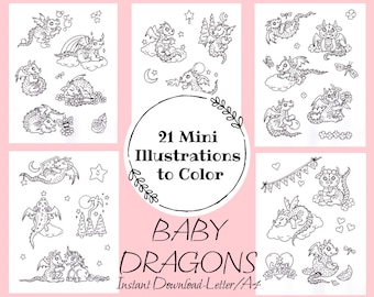 DRAGONS Mini Illustrations to color. 21 tiny dragons, 5 full size pages, Coloring Set. Coloring fun, Instant Download