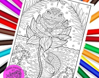 Frog Instant download coloring page, adult coloring, coloring books, digi, fantasy art Digital downloads
