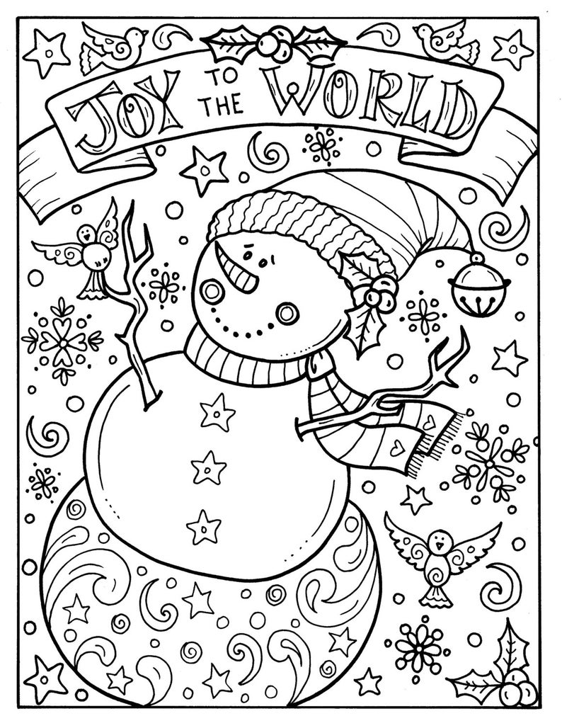 Snowman Joy to the world digital download Christmas Coloring Adult holidays animals image 1