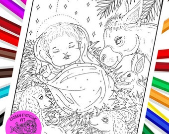 Manger Christmas coloring page. Pdf, Digital download. Christmas page, baby Jesus, animals, coloring for all ages