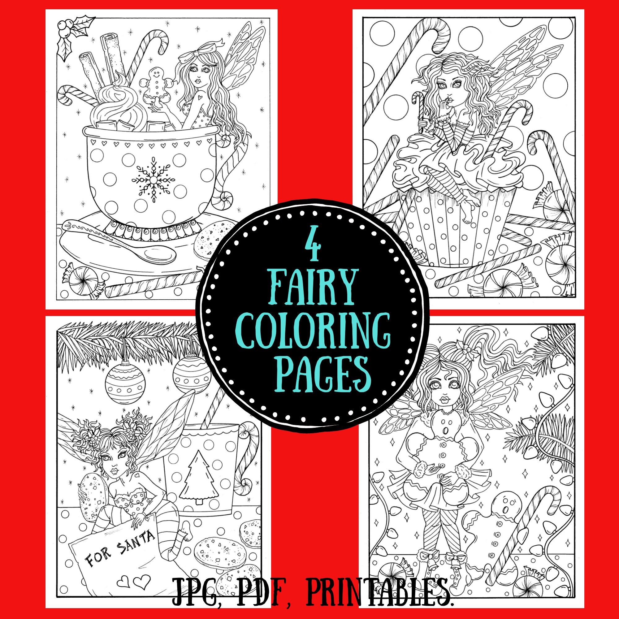 4 Mischievous Christmas Fairies Coloring Pages Pdf Digital Etsy