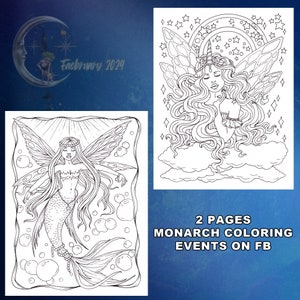 Puede incluir: Dos páginas para colorear en blanco y negro con ilustraciones de hadas. La primera página muestra un hada con alas y cola de sirena rodeada de burbujas. La segunda página muestra un hada con alas y una corona sentada en una nube con estrellas en el fondo. El texto "2 PAGES MONARCH COLORING EVENTS ON FB" está en la parte inferior de la imagen.
