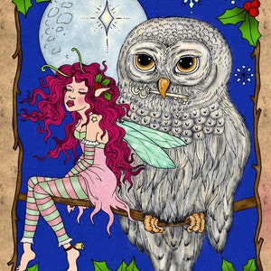 May include: A whimsical illustration features a fairy with pink hair and a pink dress, seated on a branch next to a large owl holding a key. The background is a dark blue with a full moon and holly accents, creating a festive, fantasy theme.