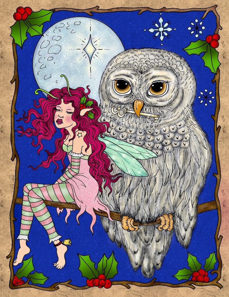 May include: A whimsical illustration features a fairy with pink hair and a pink dress, seated on a branch next to a large owl holding a key. The background is a dark blue with a full moon and holly accents, creating a festive, fantasy theme.