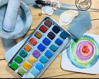 HALF PAN Granulating Natural Pigments Collection. 24 half pans with magnets.  Handmade, professional watercolors made by an artist.