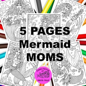 Mermaid Mom's Instant Download Mermaid Mom's and babies, Mothers day Coloring pages, Adult coloring fun, 5 Coloring pages image 1