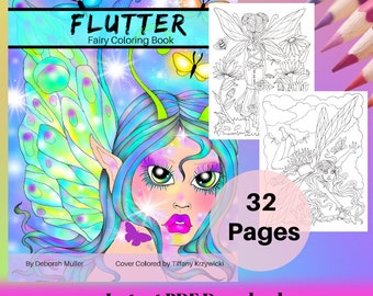 FLUTTER Instant download PDF coloring book of whimsical fairies and beautiful wings