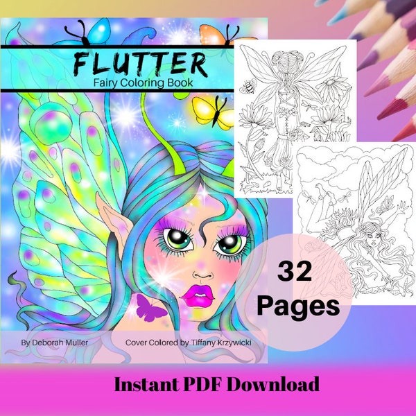 FLUTTER Instant download PDF coloring book of whimsical fairies and beautiful wings