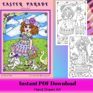 Digital målarbok Våren har kommit och flickor och djur firar och har roligt! PDF