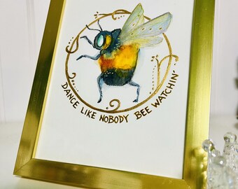 Original Watercolor, DANCE Bee Framed Art. 5 x7 picture, Signed, NOT a print. Bee art, gold leaf art.