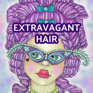 Puede incluir: Ilustraci&oacute;n de una mujer con cabello rizado morado y una m&aacute;scara de carnaval. La imagen tiene el texto "EXTRAVAGANT HAIR" en letras blancas grandes. La mujer tiene ojos verdes, labios rojos y un collar verde y dorado.