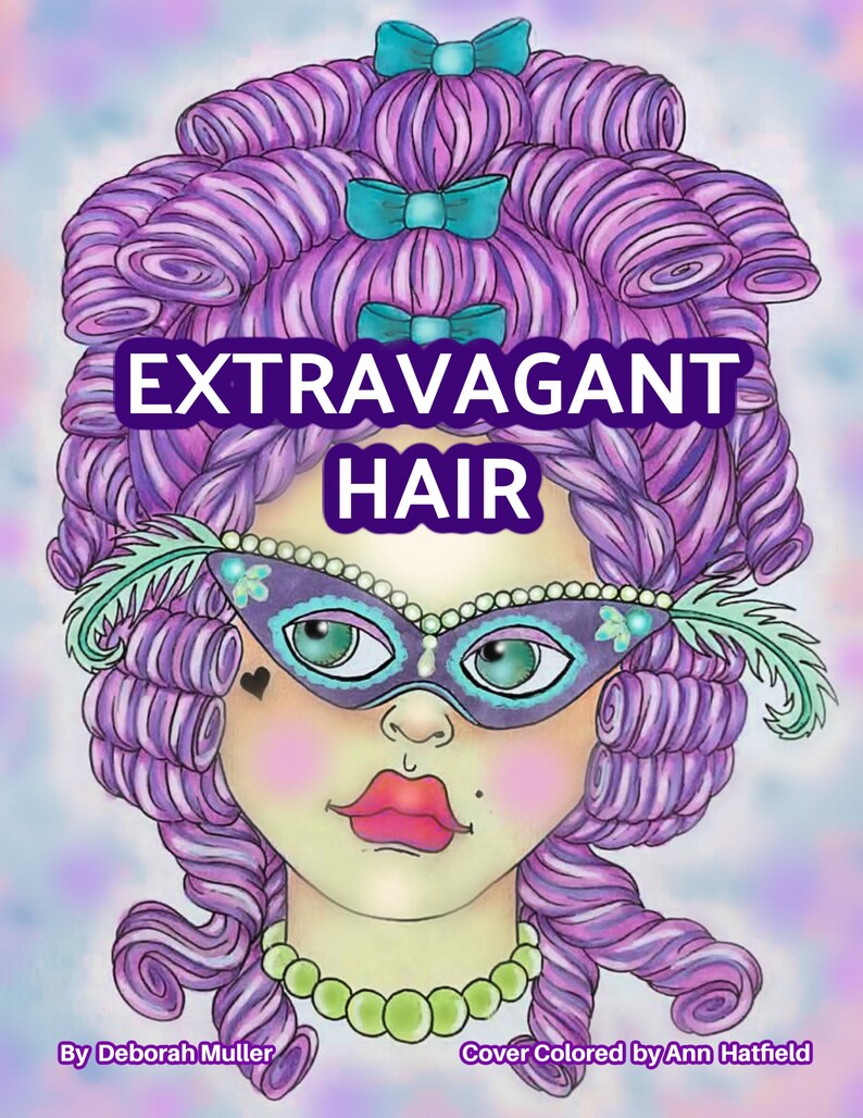 Puede incluir: Ilustraci&oacute;n de una mujer con cabello rizado morado y una m&aacute;scara de carnaval. La imagen tiene el texto "EXTRAVAGANT HAIR" en letras blancas grandes. La mujer tiene ojos verdes, labios rojos y un collar verde y dorado.