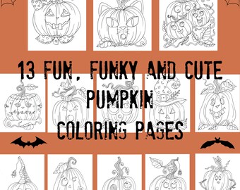 13 pages of fun and funky pumpkins. You can size these up or down to color or create with. Halloween, Fall, Autumn coloring pages.