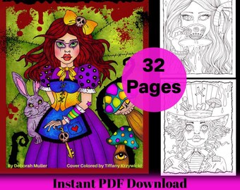 Curiously Creepy Alice pdf Coloring book. Fun and whimsical coloring. Hand drawn. 32 unique Gothic style coloring pages.