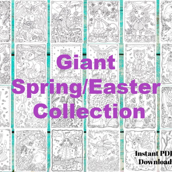 EASTER/SPRING Giant coloring collection 24 pages. Instant PDF download. Digital art, Easter coloring pages. Adult coloring page for spring.