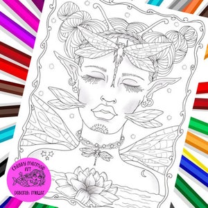 Dragonfly Fairy Queen printable coloring page. Print and color. Fairies, fantasy, dragonflies.