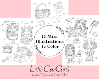 Hee Haw Cowgirls! Mini Pages to color. 10 tiny cow-girl illustrations, 3 pages, Coloring Set. Coloring fun for all ages. Instant Download.