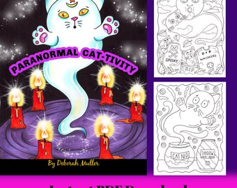 Libro para colorear PDF Paranormal Cat-tivity. Coloración divertida y caprichosa. Dibujado a mano. Gatos de Halloween.