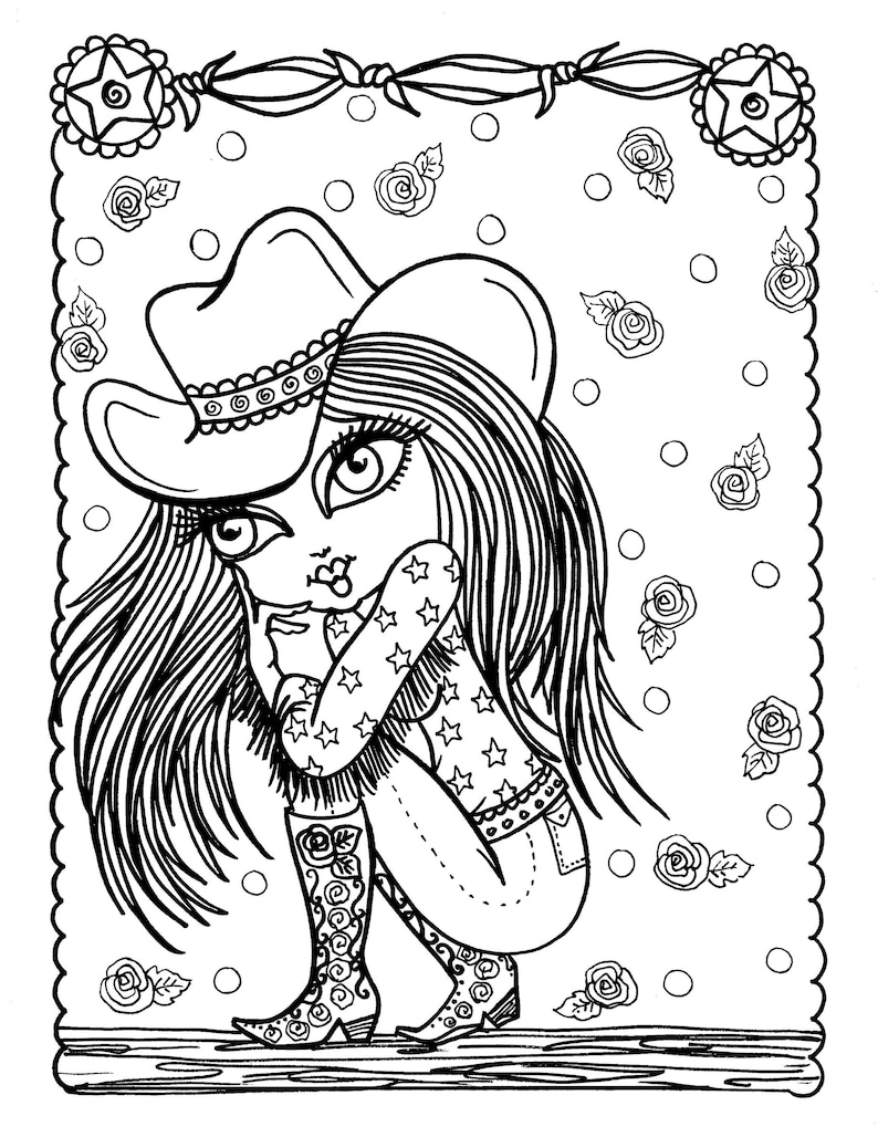 5 Cowgirl Digital Download Coloring pages, Digi Stamps, western girls, cardmaking, stamping, from Cowgirls and Indians Coloring Book image 1