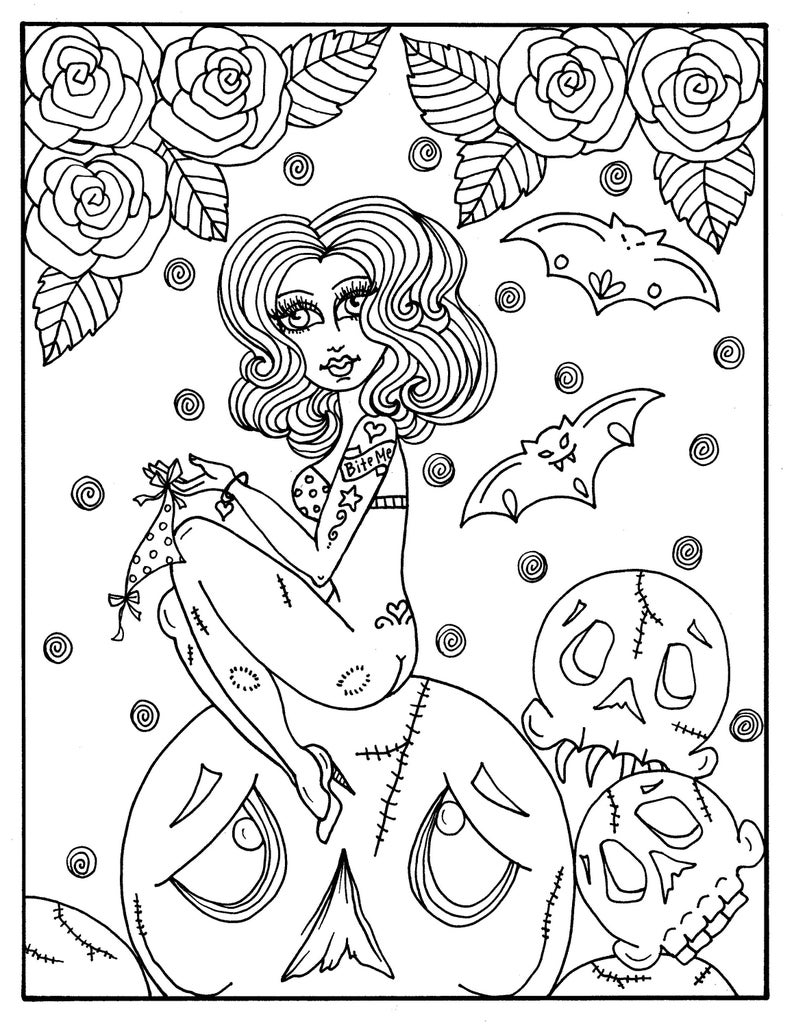 Halloween Goulish Pin Up Girls To Color Adult Coloring Book Etsy