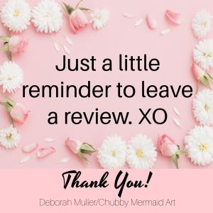 Puede incluir: Un fondo rosa con flores blancas y rosas que enmarcan el texto "Just a little reminder to leave a review. XO". Las palabras "Thank You!" est&aacute;n escritas en una fuente de escritura. El nombre del artista est&aacute; en la parte inferior.