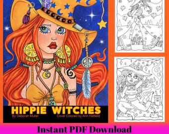 Hippie Witches PDF Coloring Book. BOHO witches just want to have fun. Hand-drawn art.  No AI