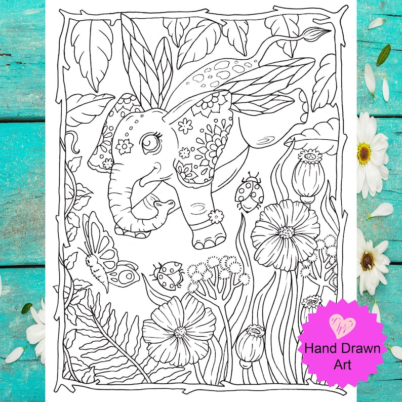 Spring Fairy Elephant Coloring Page. Instant Download. Digital Art ...