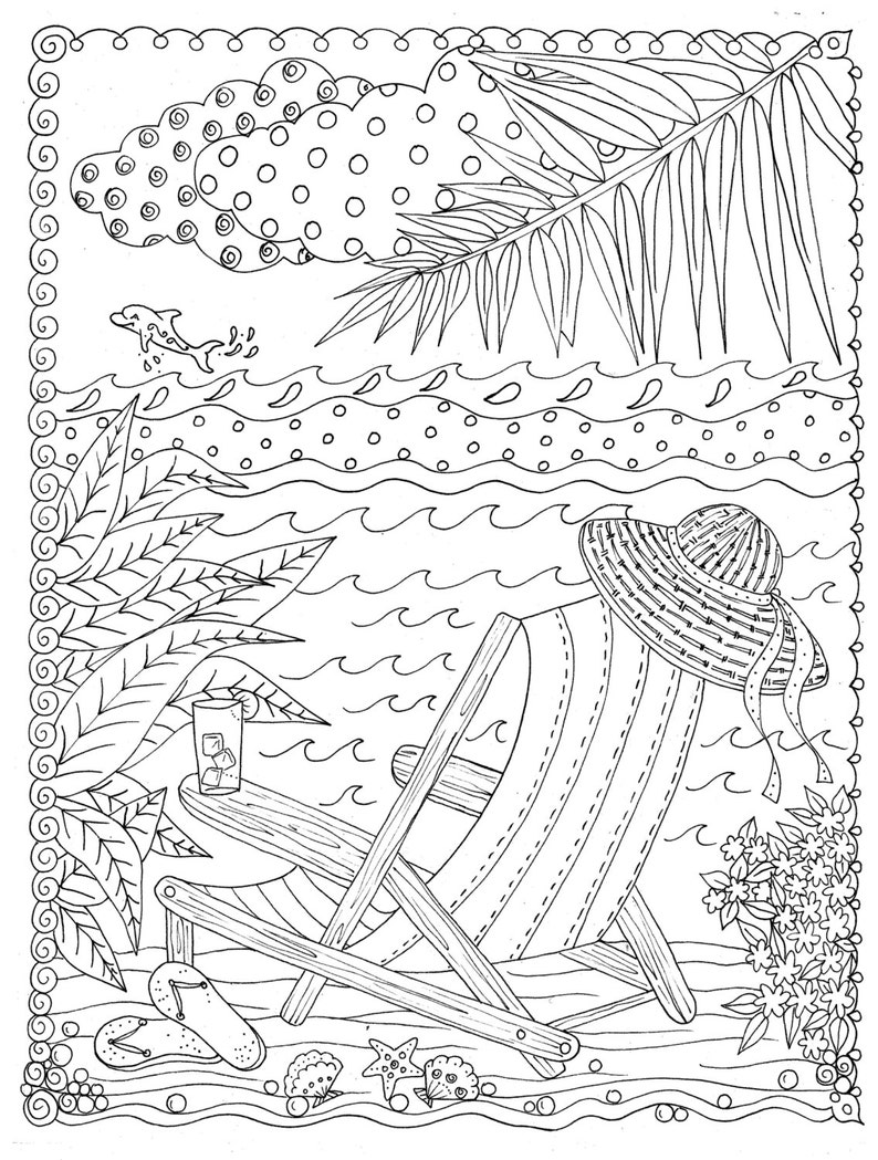 5 Pages Beachy Escape Coloring Digital Color Pages Shells - Etsy