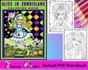May include: A coloring book cover featuring a zombie Alice in Wonderland character holding a teacup and a teapot. The background is a black and white checkered pattern with purple and green accents. The title "Alice in Zombieland Coloring Book" is at the top of the cover. The book is by Deborah Muller and the cover was colored by Tiffany Krzywicki.