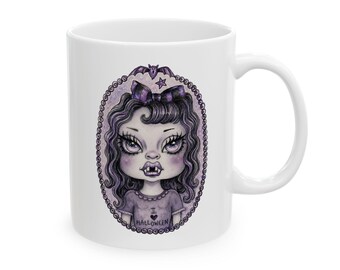 Vintage Halloween Girl Mug. Gothic Black and Purple Ceramic Coffee Mug