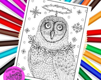 Printable Owl Angel Coloring page. Digital, adult coloring, animals, owls to color. angels to color, digi, printable pages